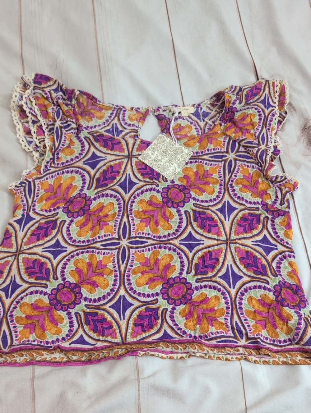 NWT Haute Hippie Style Medallion Tile Print Ruffle Sleeve Blouse Large Boho